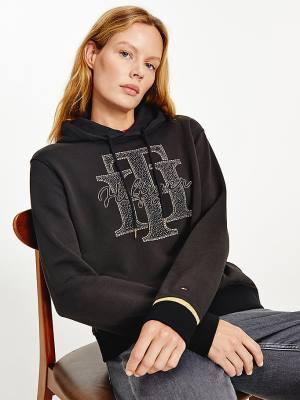 Tommy Hilfiger Organic Pamut Crystal Monogram Kapucnis Pulóver Női Fekete | TH846ERW