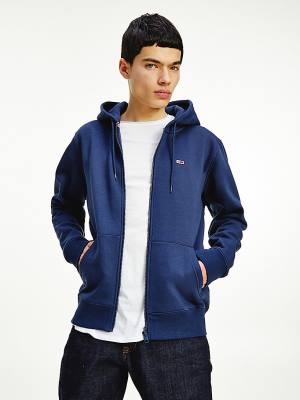 Tommy Hilfiger Organic Pamut Fleece Zip-Thru Kapucnis Pulóver Férfi Kék | TH465GJT