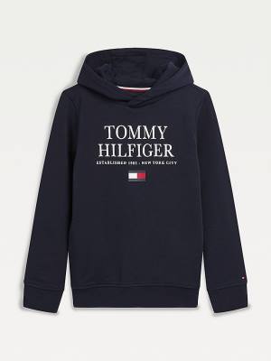 Tommy Hilfiger Organic Pamut Logo Kapucnis Pulóver Fiú Kék | TH104GKT