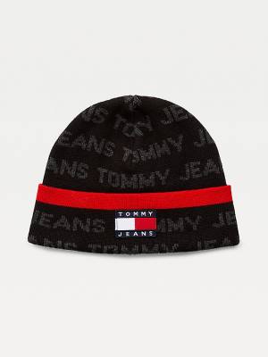 Tommy Hilfiger Organic Pamut Logo Print Beanie Kalap Férfi Fekete | TH063WCP