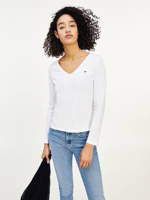 Tommy Hilfiger Organic Pamut Long Sleeve V-Neck Póló Női Fehér | TH107ZXF