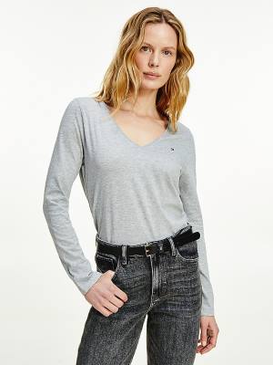 Tommy Hilfiger Organic Pamut Long Sleeve V-Neck Póló Női Szürke | TH350MLX