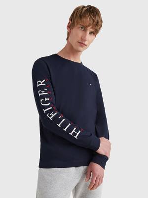 Tommy Hilfiger Organic Pamut Long Sleeve Póló Férfi Kék | TH610VRM