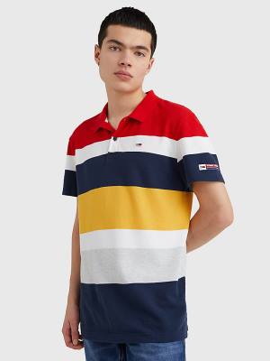 Tommy Hilfiger Organic Pamut Pique Multi Stripe Póló Férfi Piros | TH726ZNK