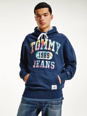 Tommy Hilfiger Organic Pamut Relaxed Tie-Dye Logo Kapucnis Pulóver Férfi Kék | TH159QMC