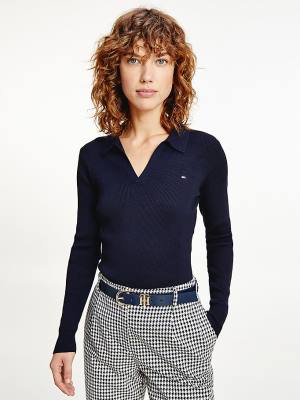 Tommy Hilfiger Organic Pamut Slim Fit Polo Jumper Pulóverek Női Kék | TH047KNM