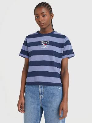 Tommy Hilfiger Organic Pamut Stripe Logo Póló Női Kék | TH198VUO