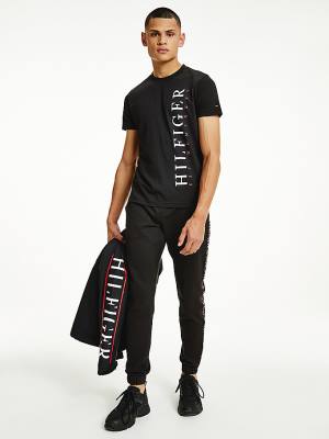 Tommy Hilfiger Organic Pamut Vertical Logo Póló Férfi Fekete | TH695SNG