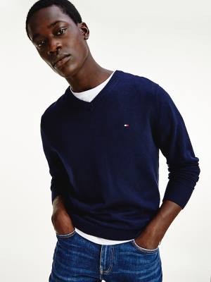 Tommy Hilfiger Pima Pamut Cashmere V-Neck Jumper Pulóverek Férfi Kék | TH964SCR