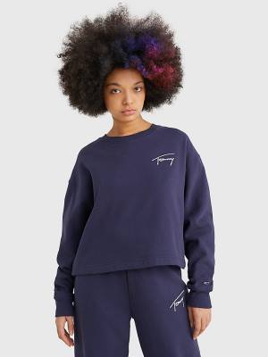 Tommy Hilfiger Recycled Signature Logo Cropped Pulóver Női Kék | TH487DTN