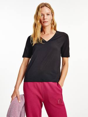 Tommy Hilfiger Relaxed Fit V-Neck Monogram Póló Női Fekete | TH093RZQ