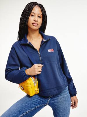 Tommy Hilfiger Relaxed Timeless Tommy Logo Half-Zip Sweatshirt Kapucnis Pulóver Női Kék | TH462DVT