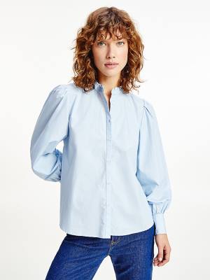 Tommy Hilfiger Ruffled Mandarin Collar Relaxed Fit Blúz Női Kék | TH274NUI