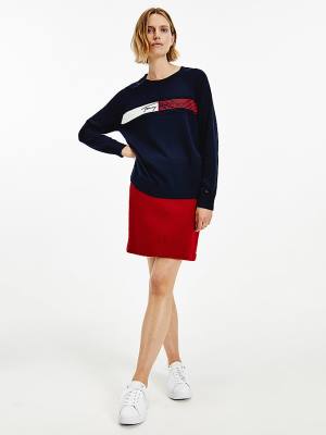 Tommy Hilfiger Signature Embroidery Organic Pamut Jumper Pulóverek Női Kék | TH724RYO