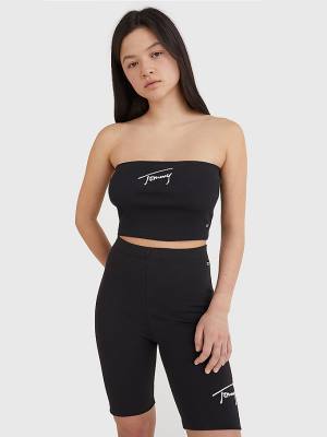 Tommy Hilfiger Signature Logo Cropped Tube Top Póló Női Fekete | TH397CEP