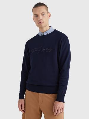 Tommy Hilfiger Signature Logo Embroidery Jumper Pulóverek Férfi Kék | TH369YUK