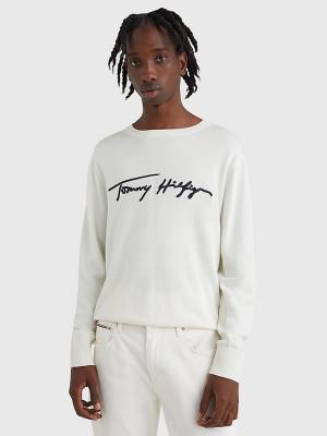 Tommy Hilfiger Signature Logo Embroidery Jumper Pulóverek Férfi Fehér | TH958COZ