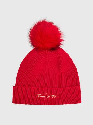 Tommy Hilfiger Signature Pom Pom Beanie Kalap Női Piros | TH672XLA