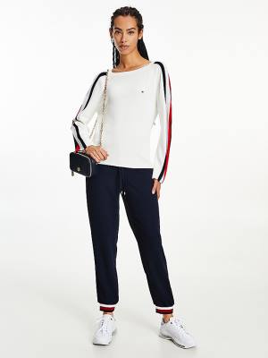 Tommy Hilfiger Signature Sleeve Round Neck Jumper Pulóverek Női Fehér | TH230FEY