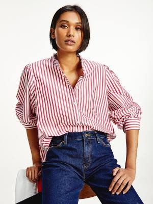 Tommy Hilfiger Stripe Relaxed Fit Frill Blúz Női Piros | TH573GYS