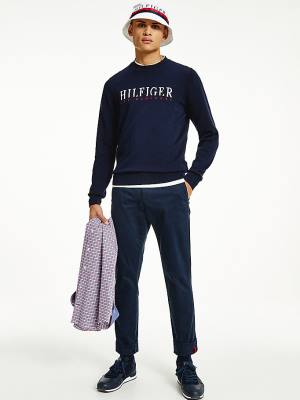 Tommy Hilfiger Supima Pamut Graphic Crew Neck Jumper Pulóverek Férfi Kék | TH690YJX