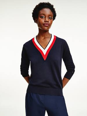 Tommy Hilfiger Tipped V-Neck Jumper Pulóverek Női Kék | TH980NFL