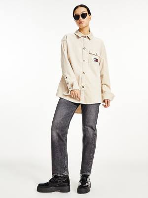 Tommy Hilfiger Tommy Badge Corduroy Oversized Fit Overshirt Ingek Női Bézs | TH148UTF