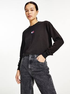 Tommy Hilfiger Tommy Badge Long Sleeve Póló Női Fekete | TH439ESX