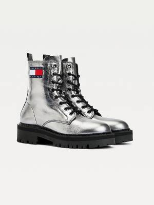 Tommy Hilfiger Tommy Badge Metallic Bőr Klipsz Bakancs Női Szürke | TH605LJE