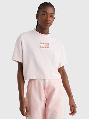 Tommy Hilfiger Tonal Logo Cropped Póló Női Rózsaszín | TH809OTF