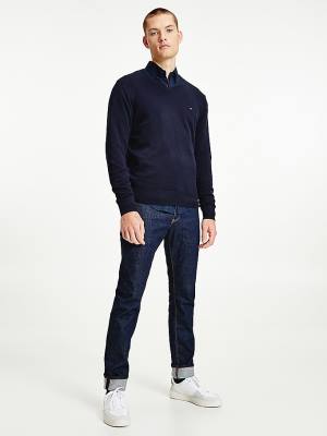 Tommy Hilfiger V-Neck Pamut Blend Sweatshirt Pulóverek Férfi Kék | TH139RVU