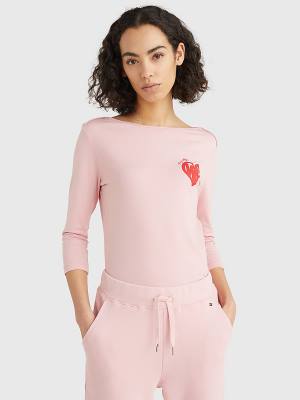 Tommy Hilfiger Valentines Heart Print Csónak Neck Póló Női Rózsaszín | TH563DCI