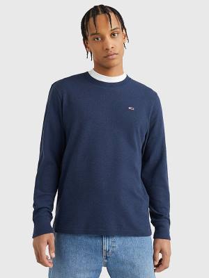 Tommy Hilfiger Waffle Crew Neck Long Sleeve Top Póló Férfi Kék | TH638CRG