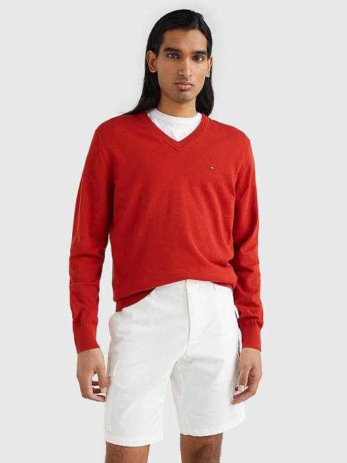 Tommy Hilfiger 1985 Essential TH Flex V-Neck Jumper Pulóverek Férfi Piros | TH031VAJ