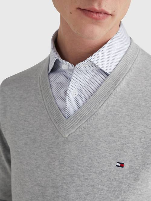 Tommy Hilfiger 1985 Essential TH Flex V-Neck Jumper Pulóverek Férfi Szürke | TH149ZJX