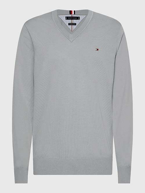 Tommy Hilfiger 1985 Essential TH Flex V-Neck Jumper Pulóverek Férfi Szürke | TH149ZJX