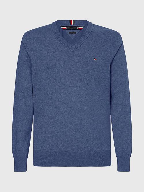 Tommy Hilfiger 1985 Essential TH Flex V-Neck Jumper Pulóverek Férfi Kék | TH207NOH