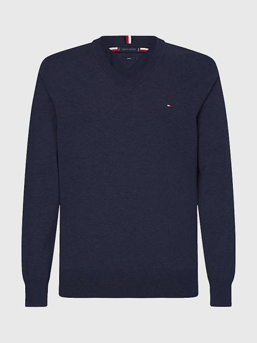 Tommy Hilfiger 1985 Essential TH Flex V-Neck Jumper Pulóverek Férfi Kék | TH597SAX