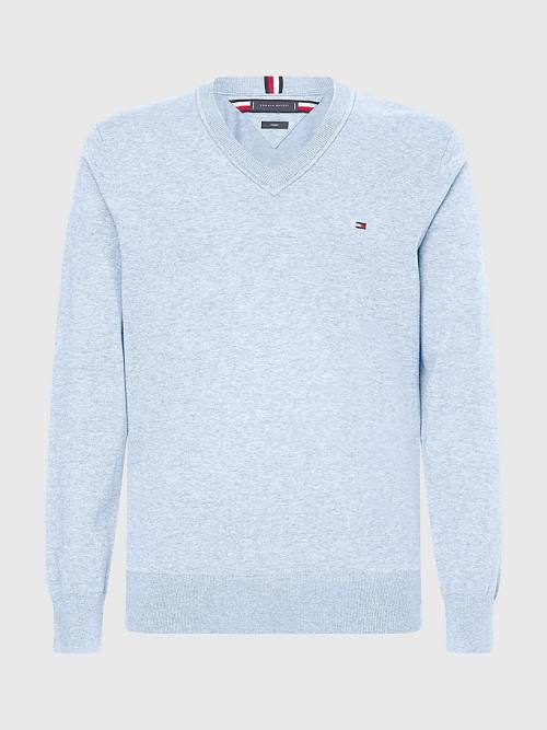 Tommy Hilfiger 1985 Essential TH Flex V-Neck Jumper Pulóverek Férfi Kék | TH865SEV