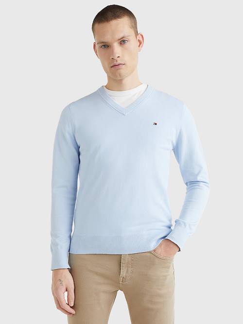 Tommy Hilfiger 1985 Essential TH Flex V-Neck Jumper Pulóverek Férfi Kék | TH865SEV