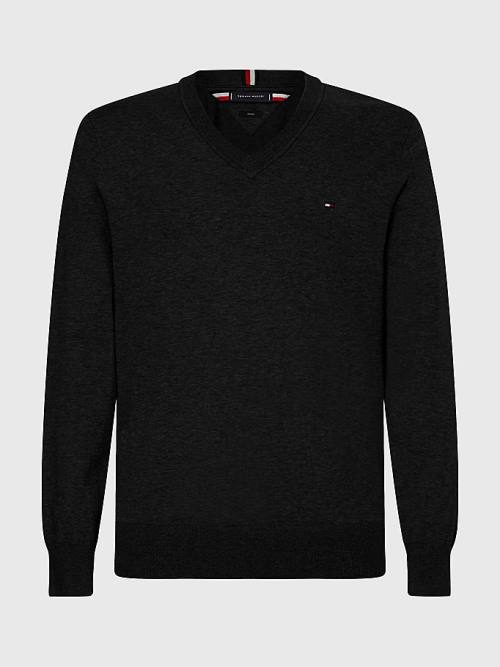 Tommy Hilfiger 1985 Essential TH Flex V-Neck Jumper Pulóverek Férfi Fekete | TH902JXA