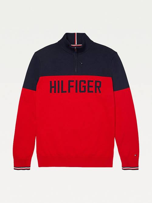 Tommy Hilfiger Adaptive Colour-Blocked Half-Zip Sweatshirt Pulóverek Férfi Piros | TH502KPJ