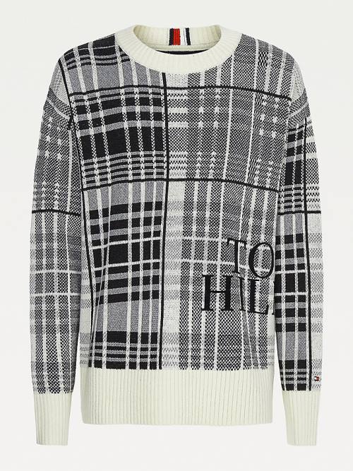 Tommy Hilfiger All-Over Check Oversized Jumper Pulóverek Férfi Fehér | TH726GFO