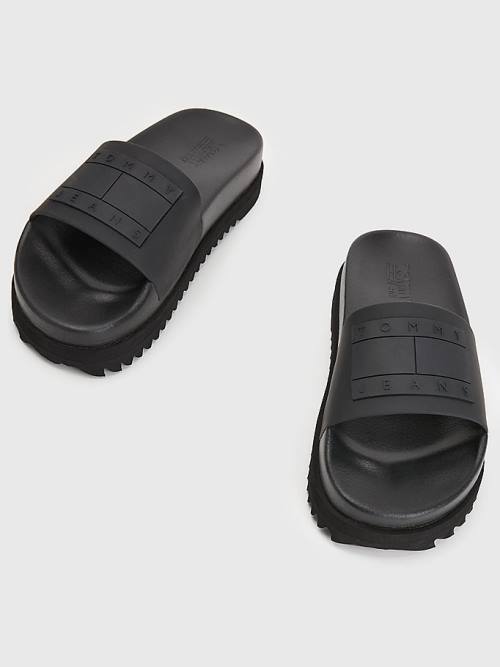 Tommy Hilfiger Badge Klipsz Flatform Slides Szandál Női Fekete | TH730KSL