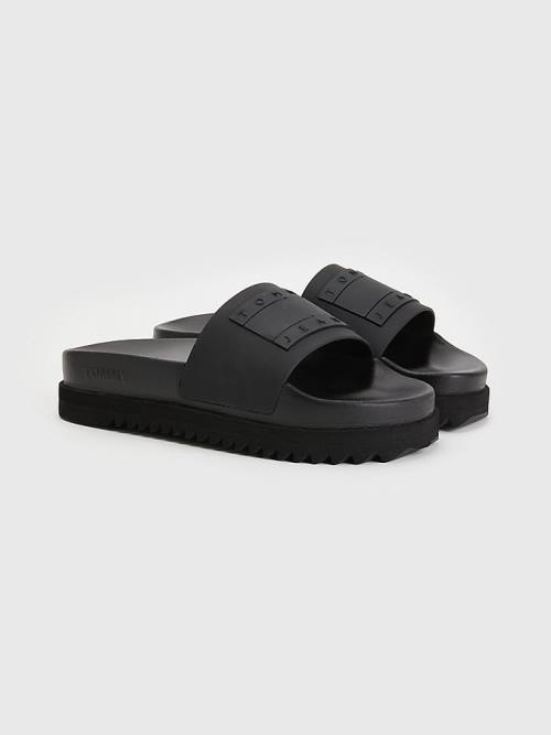 Tommy Hilfiger Badge Klipsz Flatform Slides Szandál Női Fekete | TH730KSL