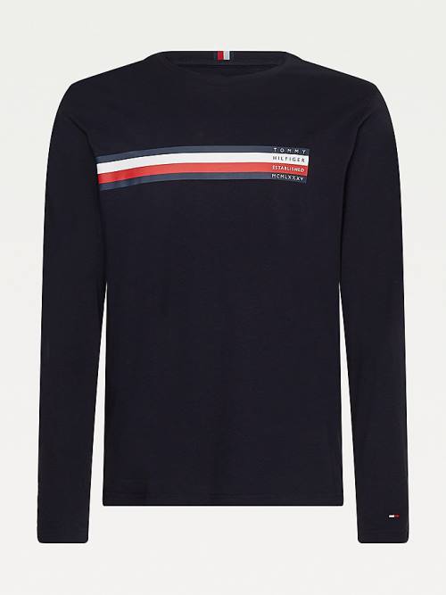 Tommy Hilfiger Bar Logo Long Sleeve Póló Férfi Kék | TH186CRG