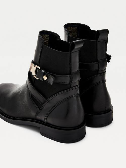 Tommy Hilfiger Buckled Bőr Ankle Bakancs Női Fekete | TH549FMJ