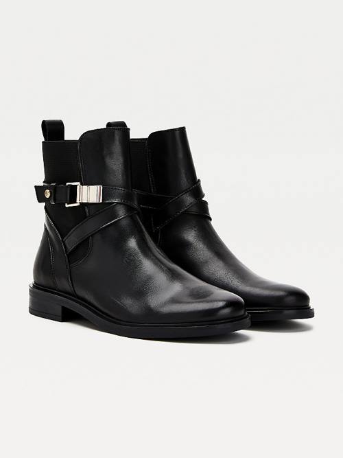 Tommy Hilfiger Buckled Bőr Ankle Bakancs Női Fekete | TH549FMJ