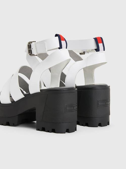 Tommy Hilfiger Bőr Block Heel Szandál Női Fehér | TH501TQM