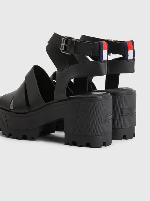 Tommy Hilfiger Bőr Block Heel Szandál Női Fekete | TH592JYS